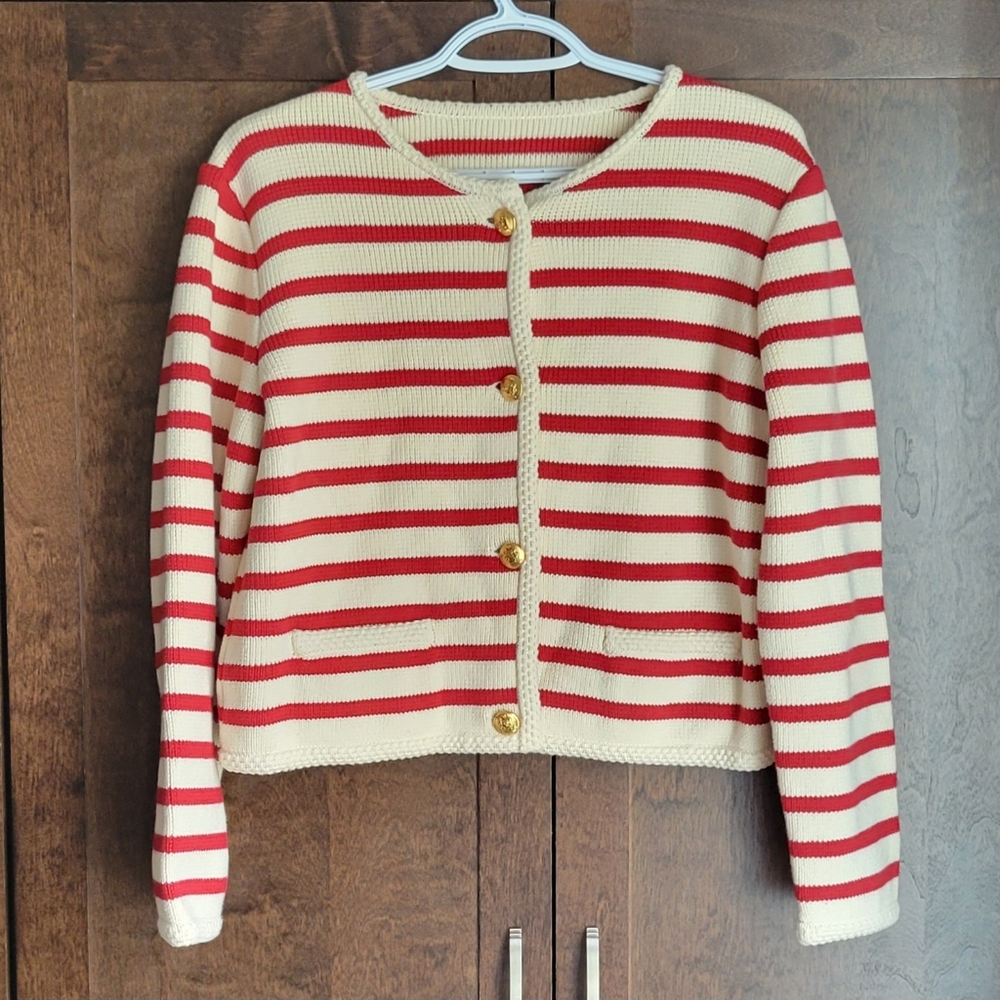 100% Cotton Superb Quality Luxurious Red and White Striped Cardigan Heavy & Warm - Picture 5 of 13